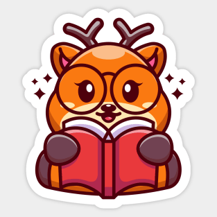 Cute deer reading book cartoon Sticker